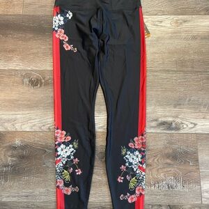 RBX Black Leggings with Red Side Panels and Floral Print NWT size S